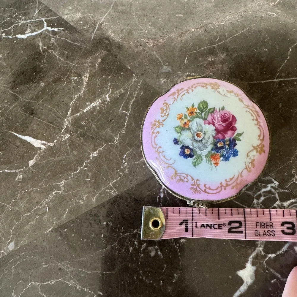 P. Limoges France Porcelain Trinket Box Floral Pink Gold Gilt Hinged Pill Box